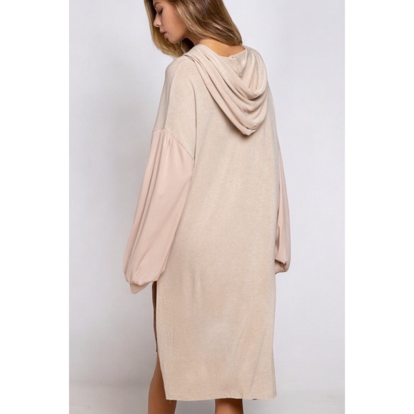 POL Mocha Beige Half Zip Long Sleeve Knit Slouchy Hoodie Dress - Picture 4 of 6